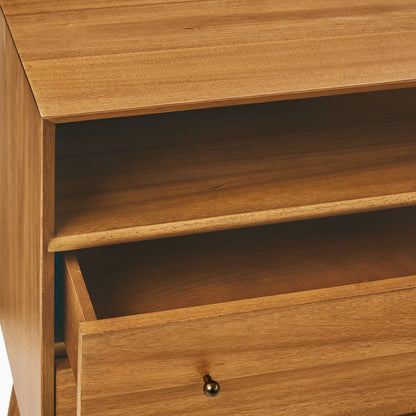 Mid-Century Wooden Storage Table with open shelf and drawers