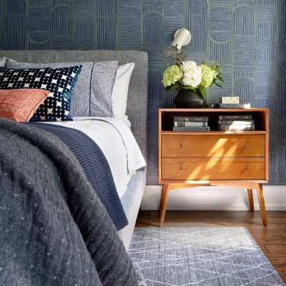 Mid-Century Wooden Storage Table with open shelf and drawers