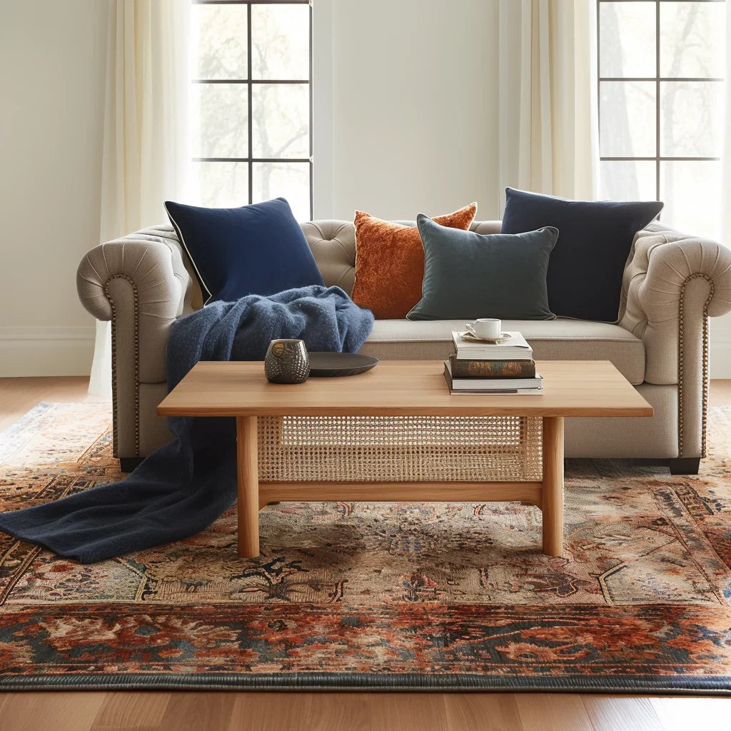Mid century coffee table with woven shelf placed in cozy living room