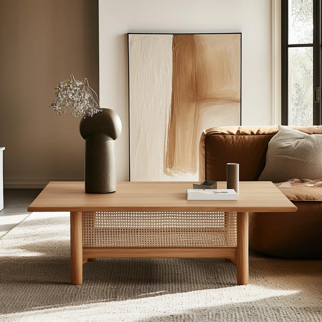 Mid century coffee table with woven shelf placed in cozy living room