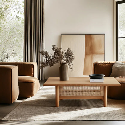 Mid century coffee table with woven shelf placed in cozy living room
