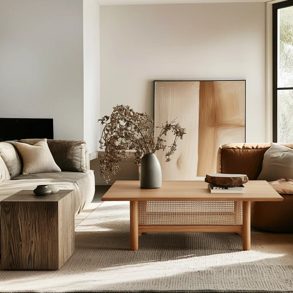 Mid century coffee table with woven shelf placed in cozy living room