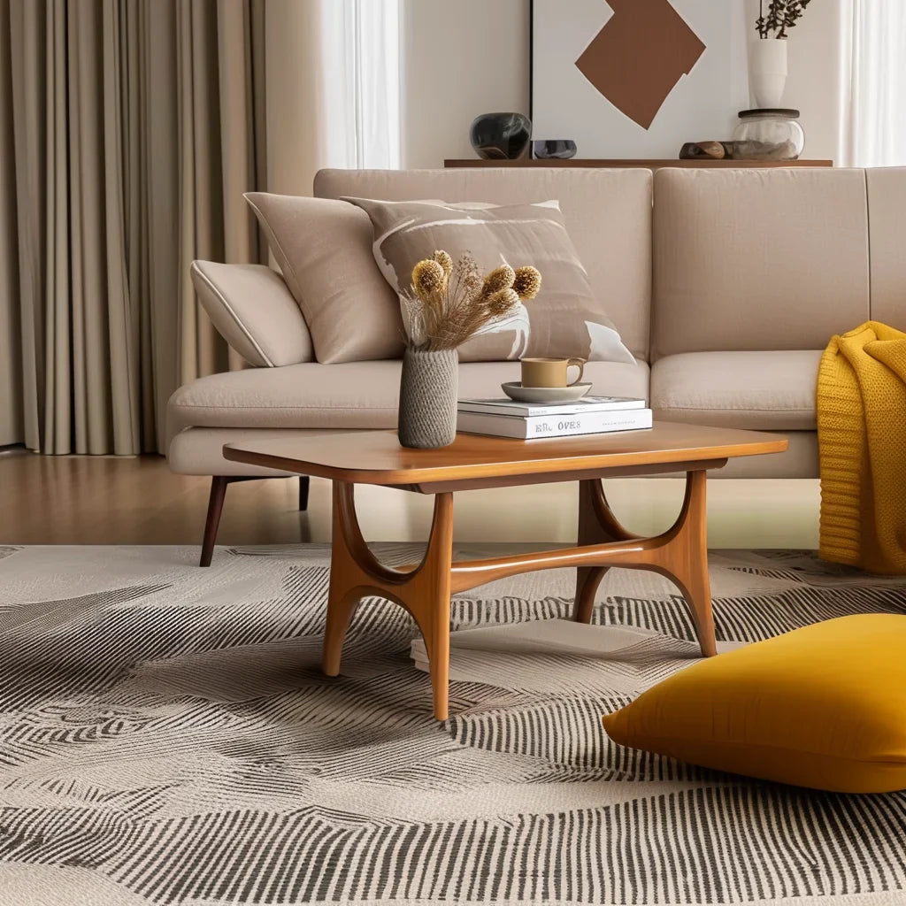 Midline coffee console centered in minimal lounge setting under warm filtered light