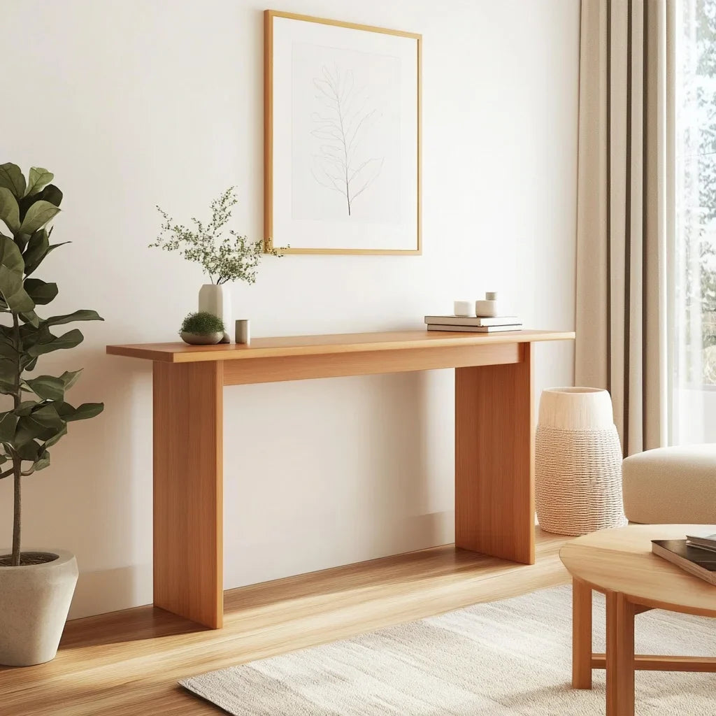 Minimalist Console Table with straight panel legs in a bright entryway