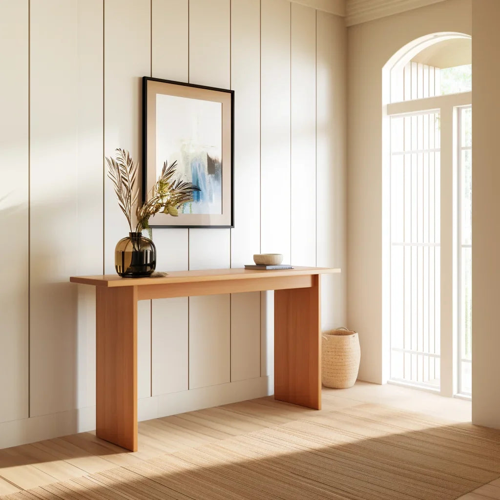Minimalist Console Table with straight panel legs in a bright entryway