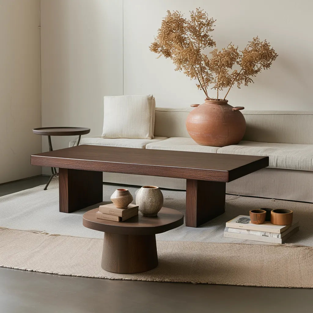 Minimalist dark wood coffee table with low-profile design.