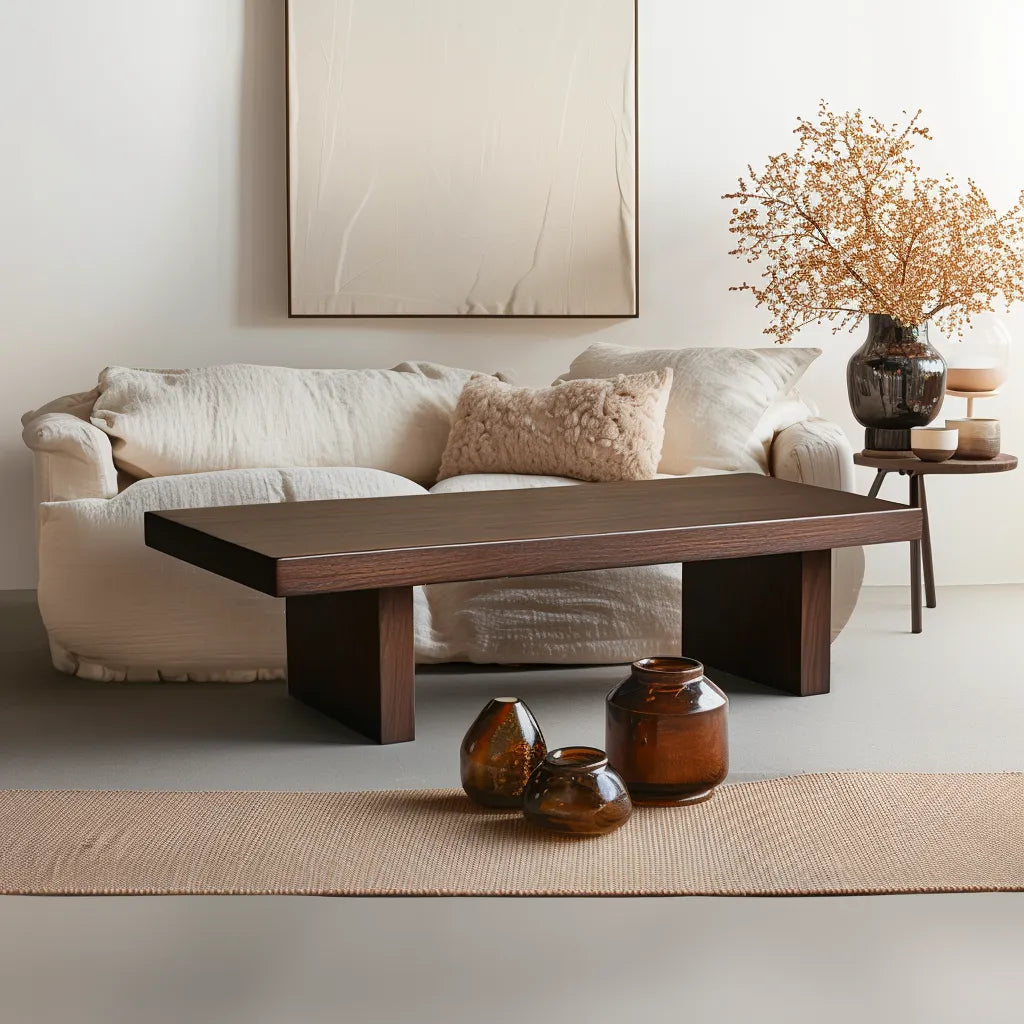 Minimalist dark wood coffee table with low-profile design.