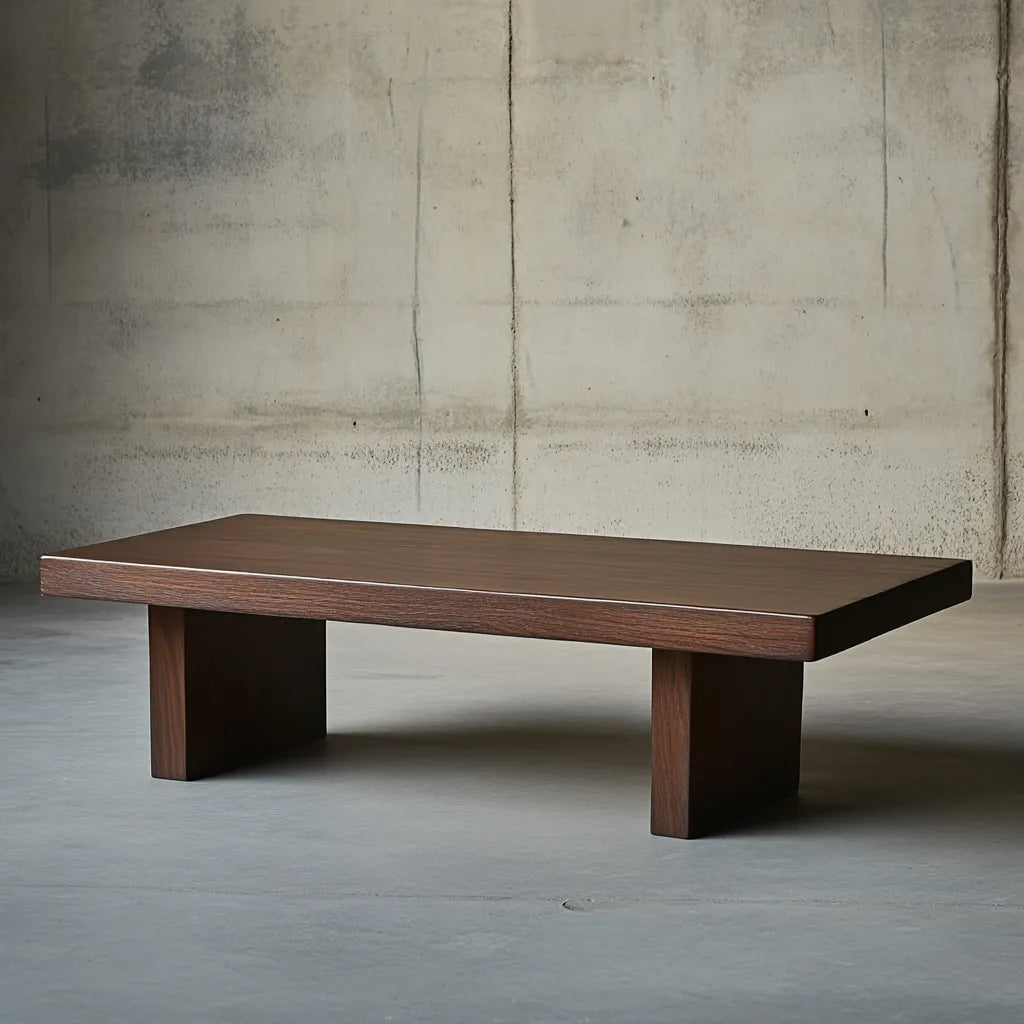 Minimalist dark wood coffee table with low-profile design.