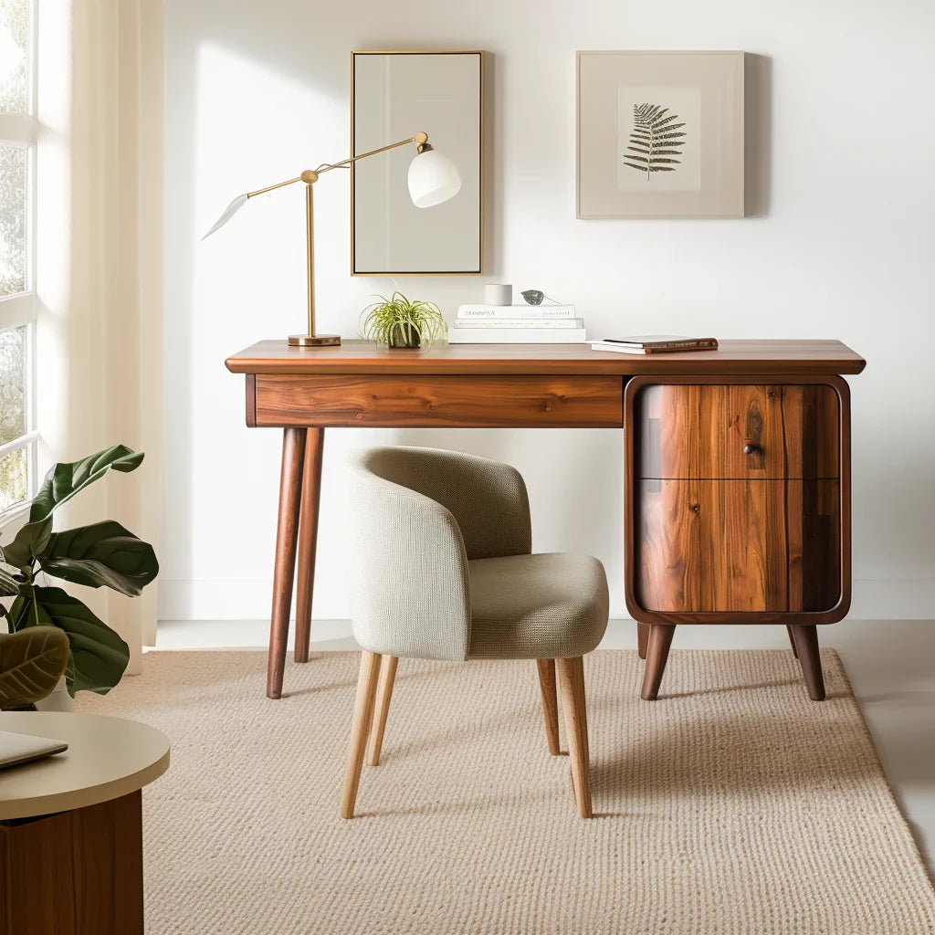 Minimalist desk with drawer and cabinet designed for modern workspace