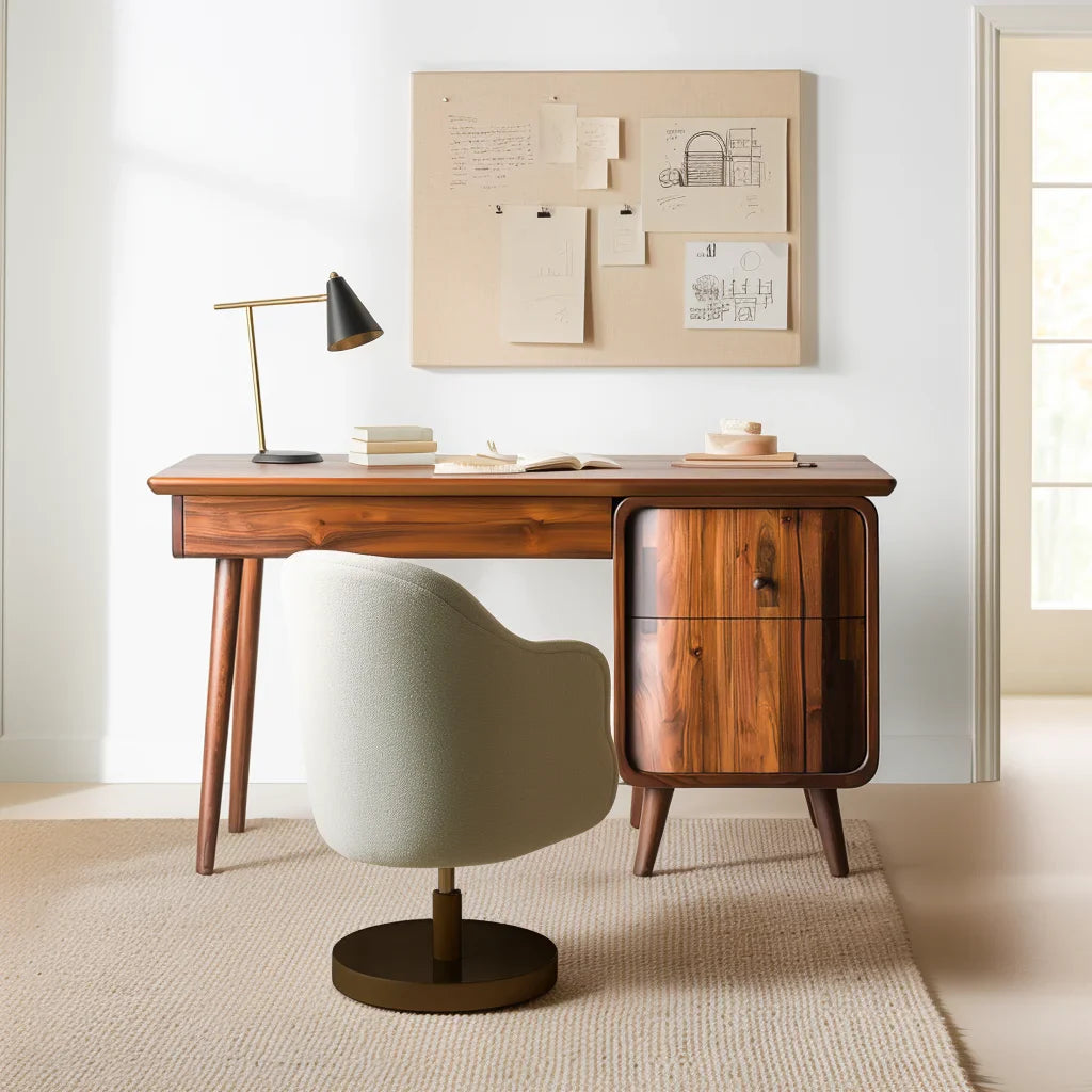 Minimalist desk with drawer and cabinet designed for modern workspace