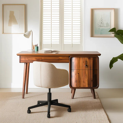 Minimalist desk with drawer and cabinet designed for modern workspace