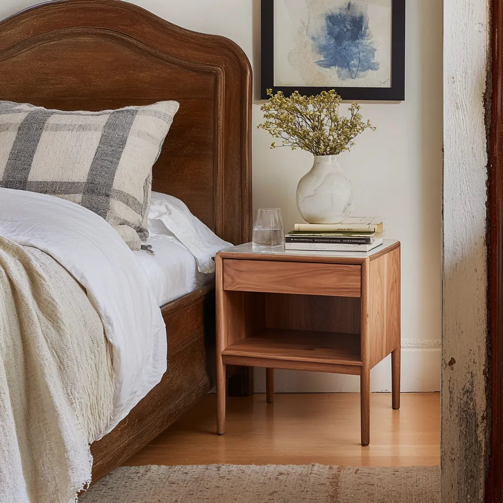 Minimalist nightstand storage single drawer open shelf elegant bedroom accent