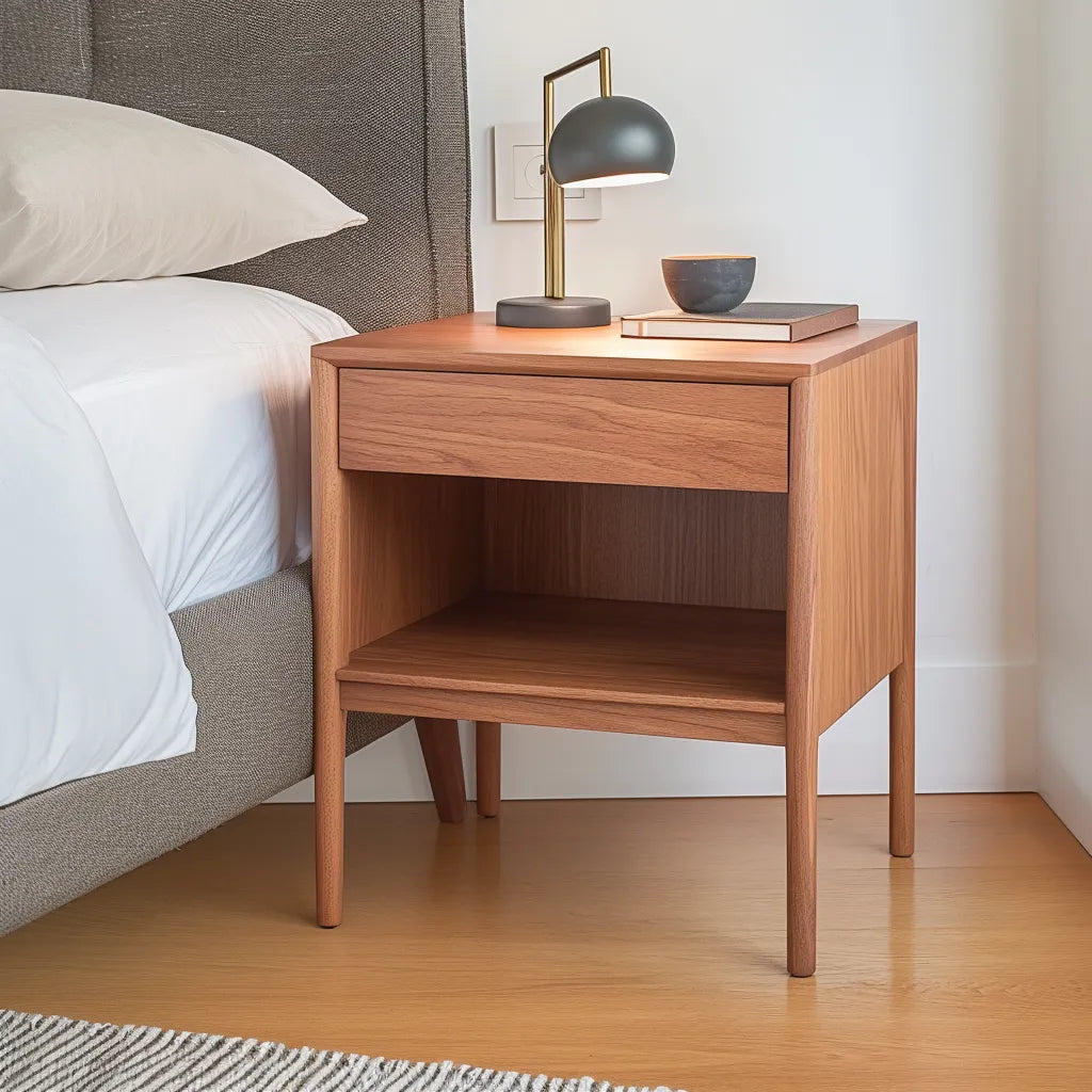 Minimalist nightstand storage single drawer open shelf elegant bedroom accent