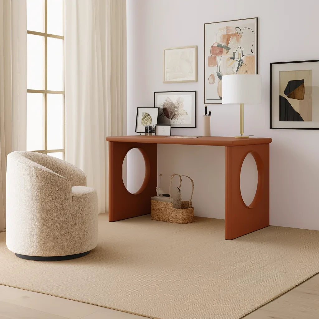 Minimalist study desk with open sculptural base in bright contemporary home office