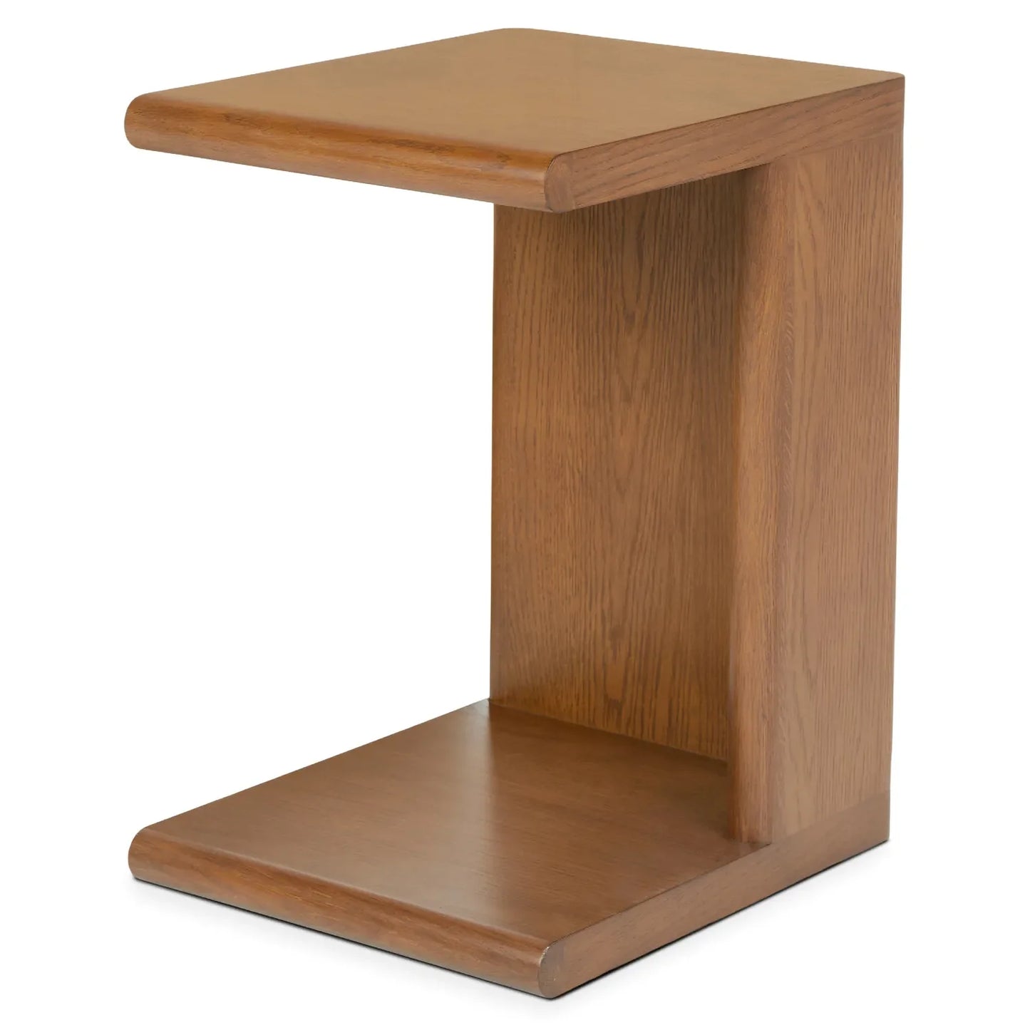 Modern C shaped side table with open base and curved edges perfect for small living spaces