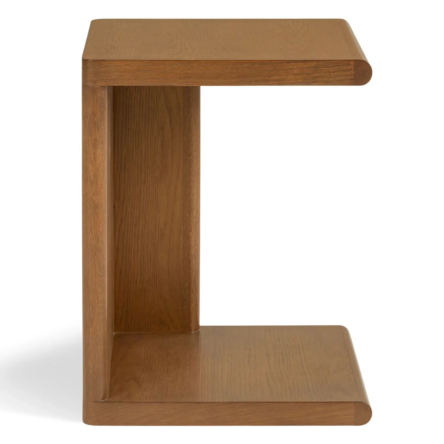 Modern C shaped side table with open base and curved edges perfect for small living spaces