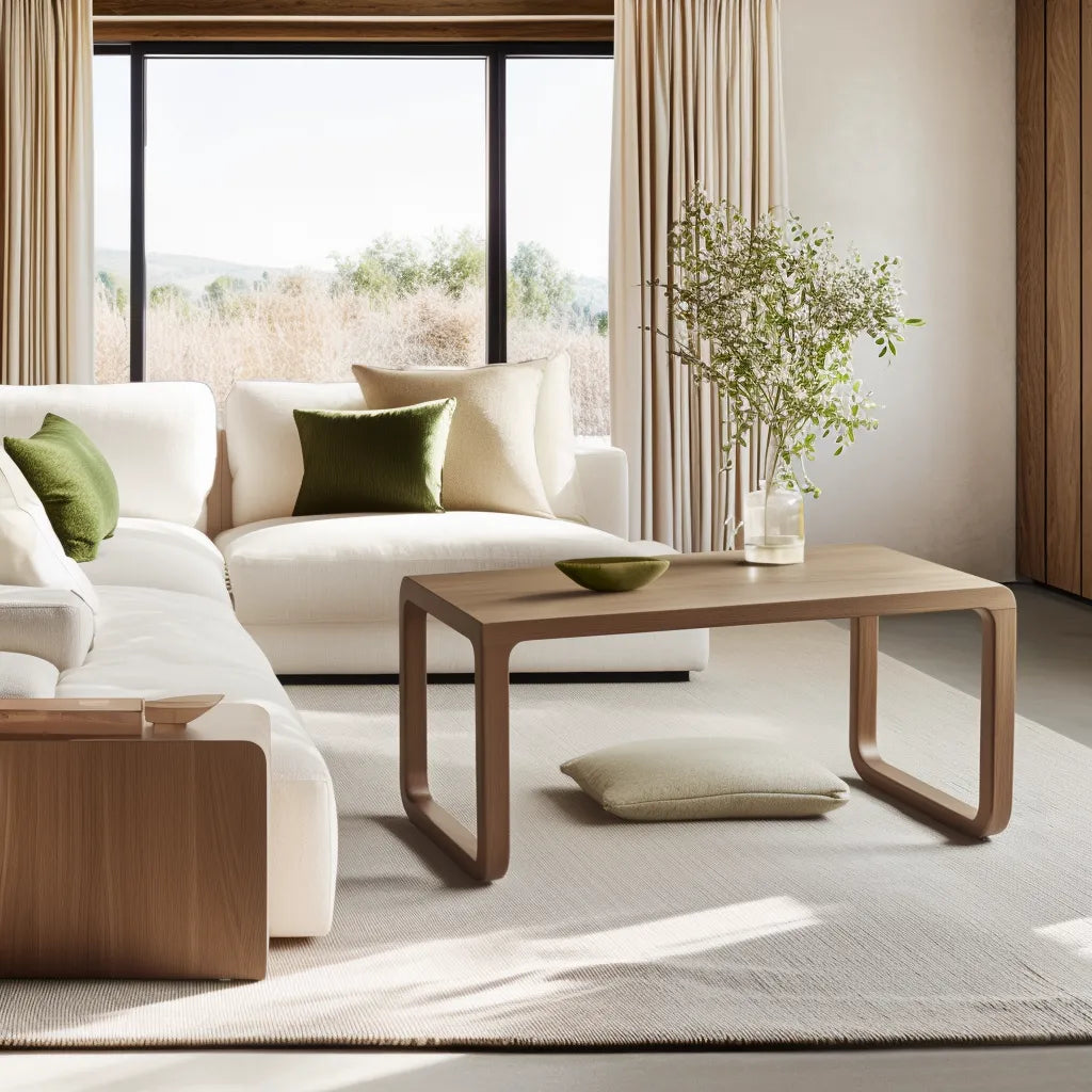 Modern curved wooden coffee table with minimalist style.