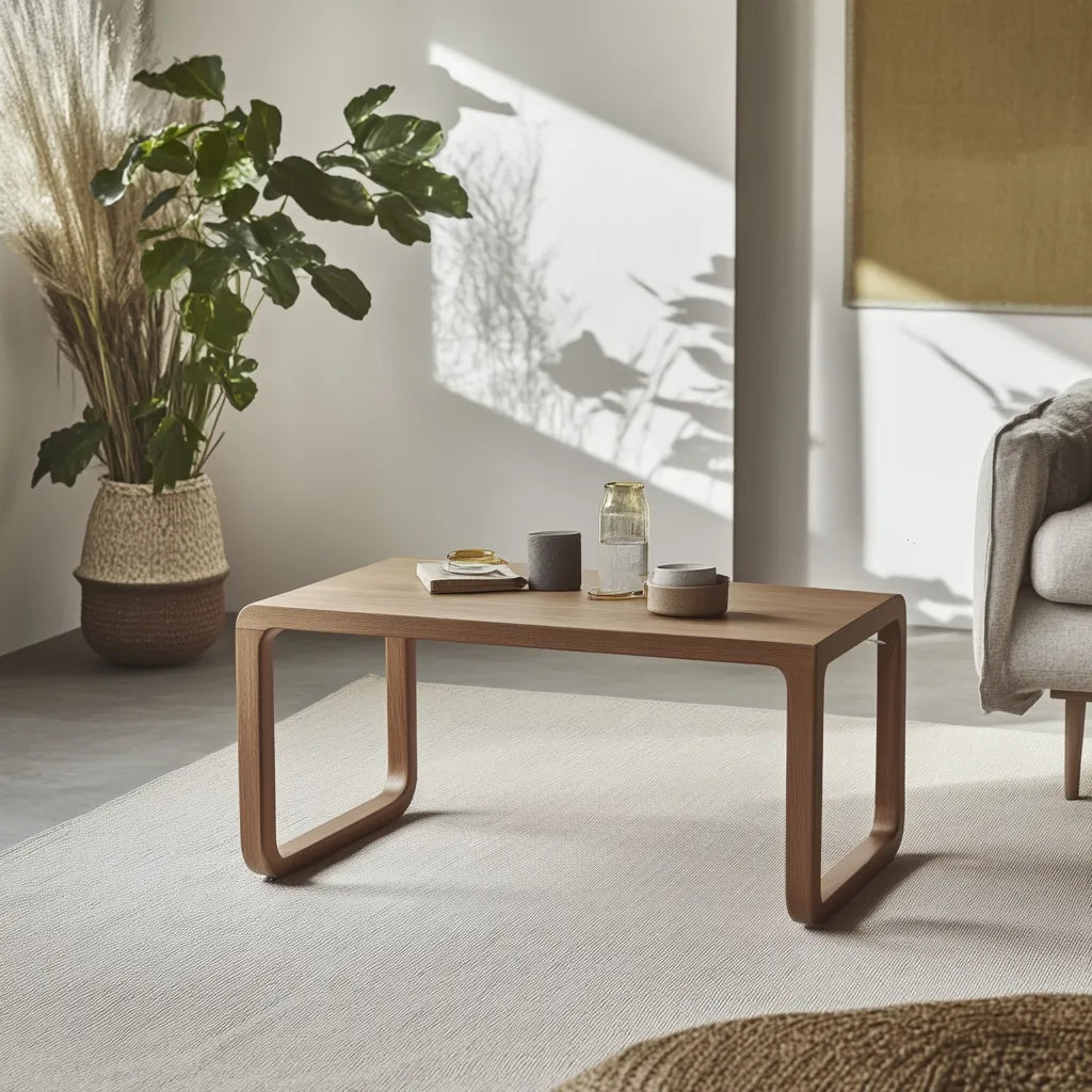 Modern curved wooden coffee table with minimalist style.
