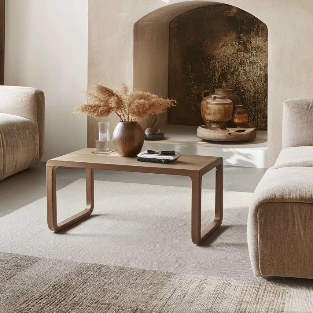 Modern curved wooden coffee table with minimalist style.