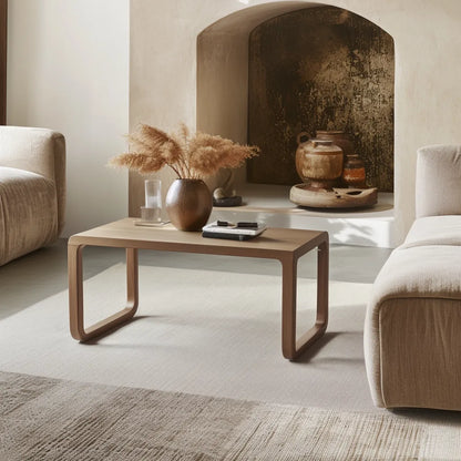 Modern curved wooden coffee table with minimalist style.