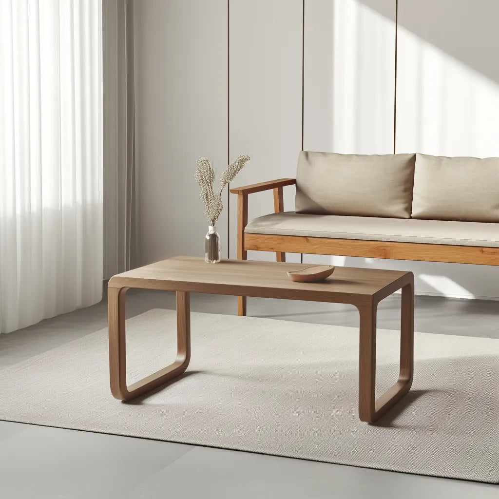 Modern curved wooden coffee table with minimalist style.