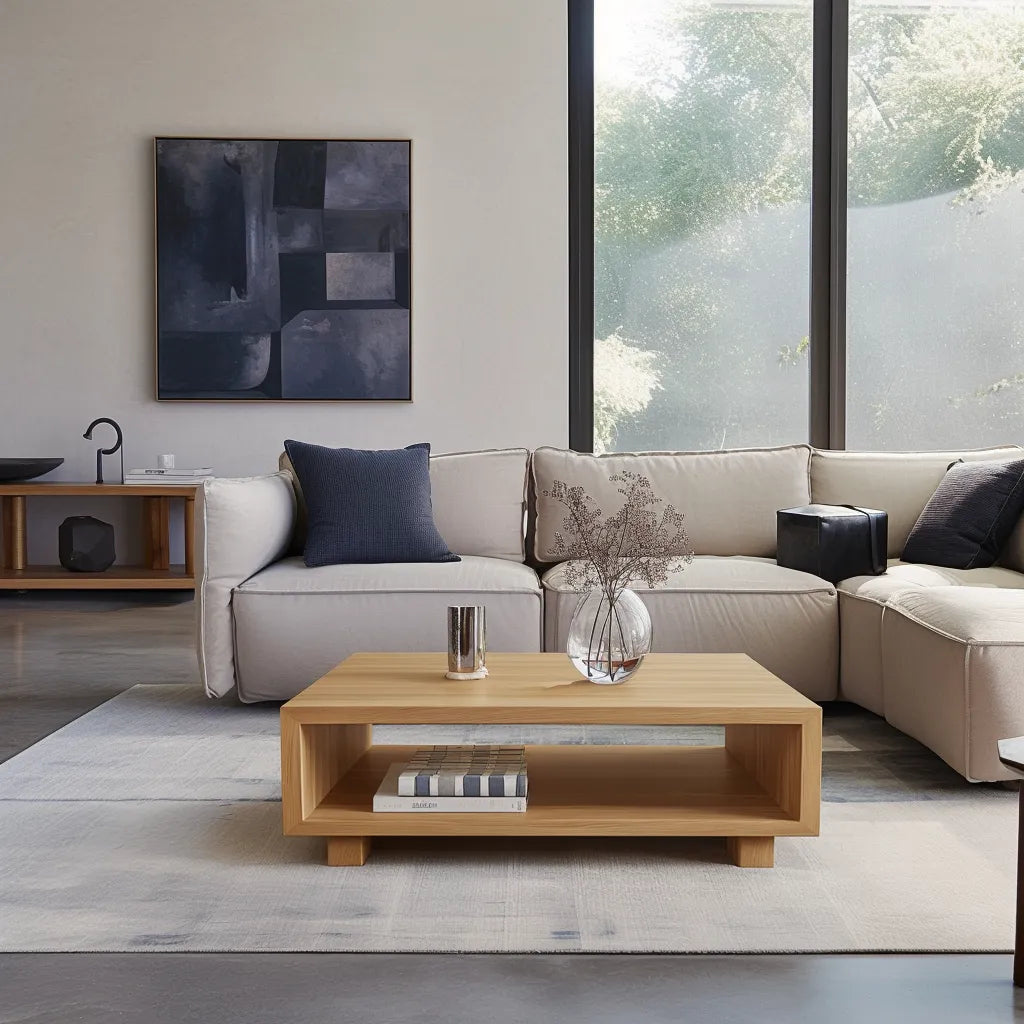 Modern low coffee table sleek open shelf contemporary living room centerpiece