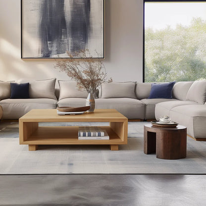 Modern low coffee table sleek open shelf contemporary living room centerpiece