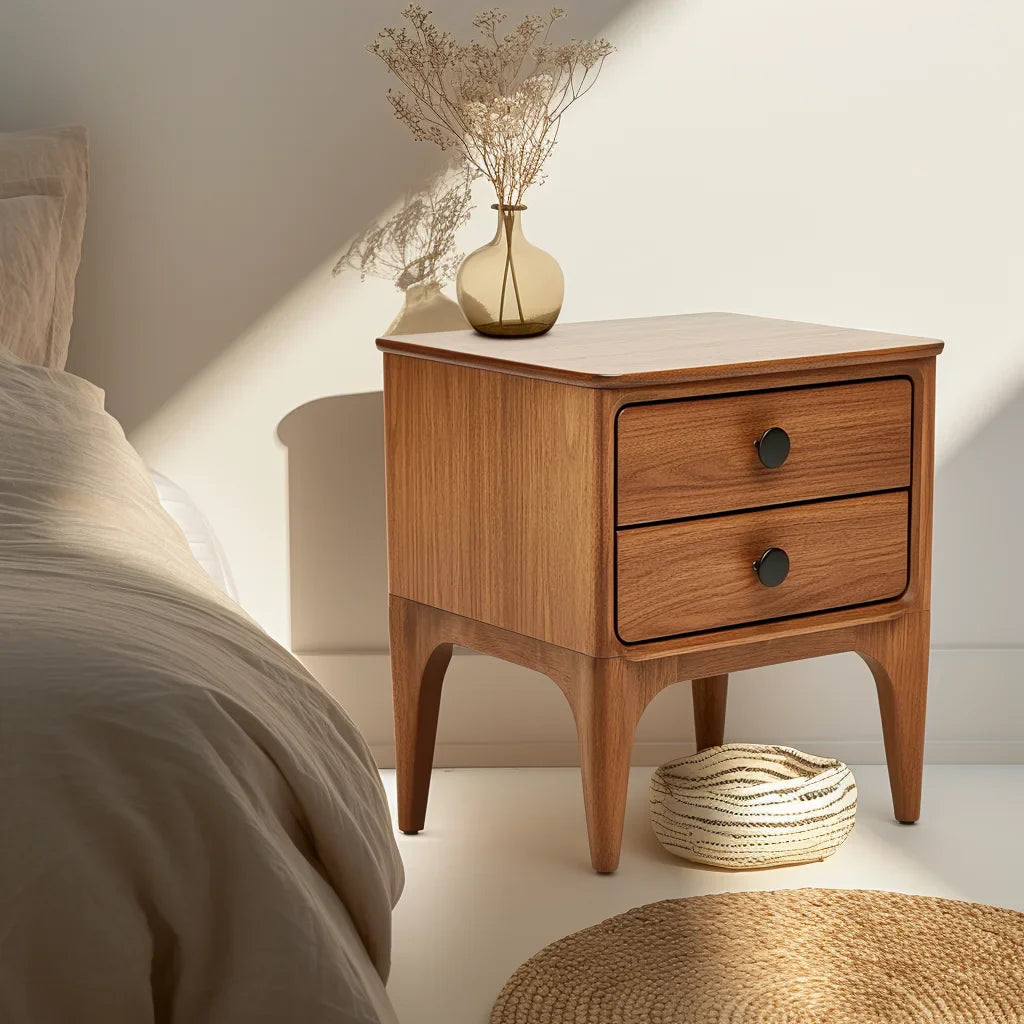 Modern nightstand featuring two drawers and sleek design for stylish bedroom organization.