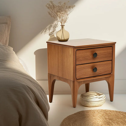 Modern nightstand featuring two drawers and sleek design for stylish bedroom organization.