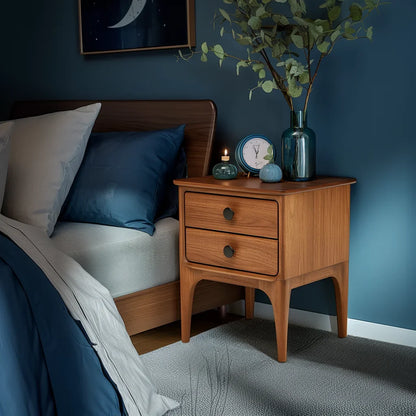 Modern nightstand featuring two drawers and sleek design for stylish bedroom organization.