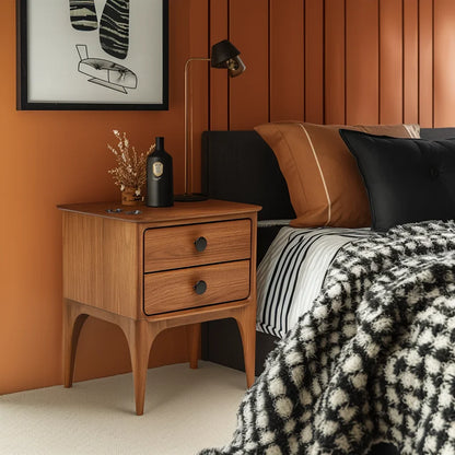 Modern nightstand featuring two drawers and sleek design for stylish bedroom organization.