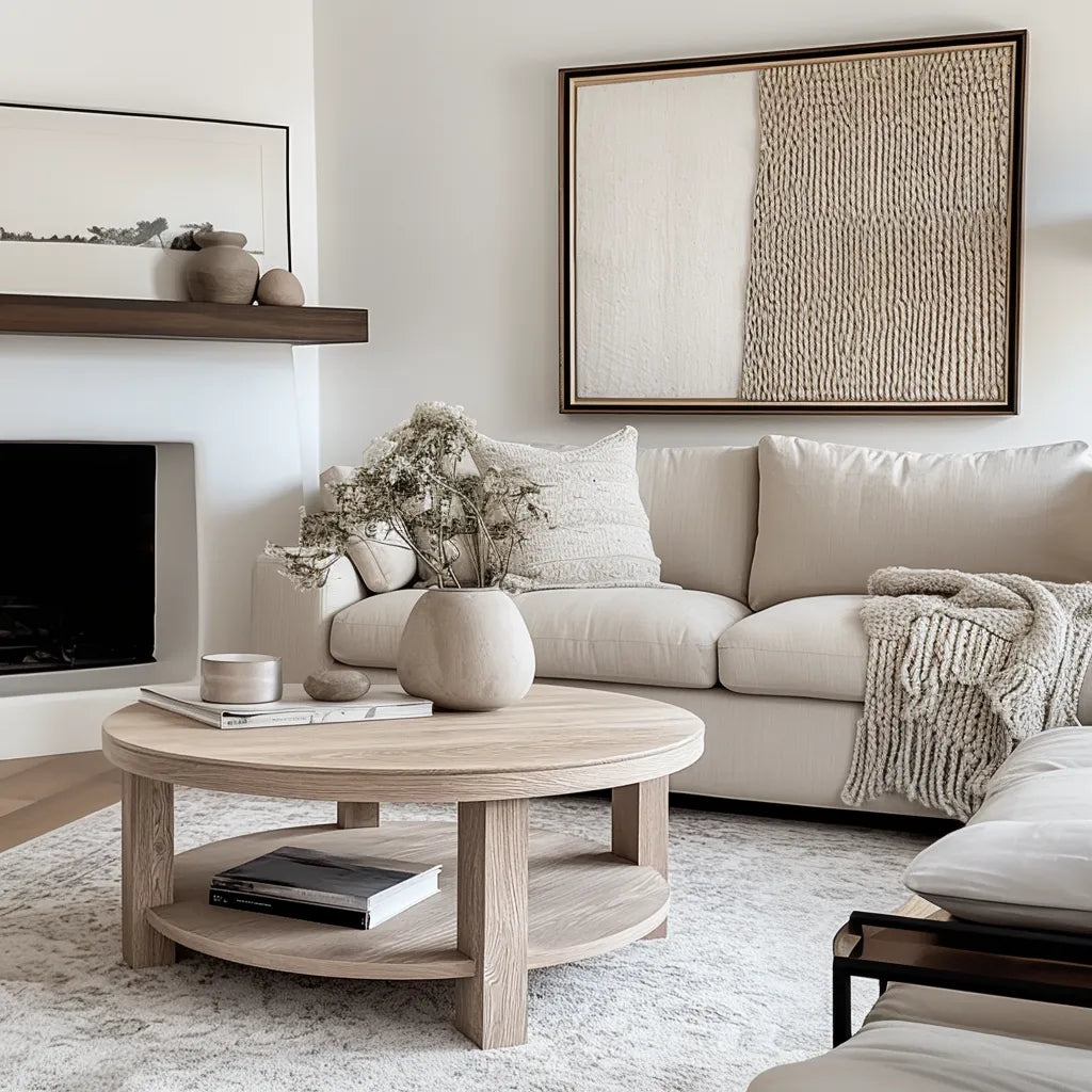 Round Wooden Coffee Table with natural finish and lower shelf design.