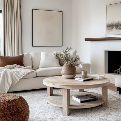 Round Wooden Coffee Table with natural finish and lower shelf design.