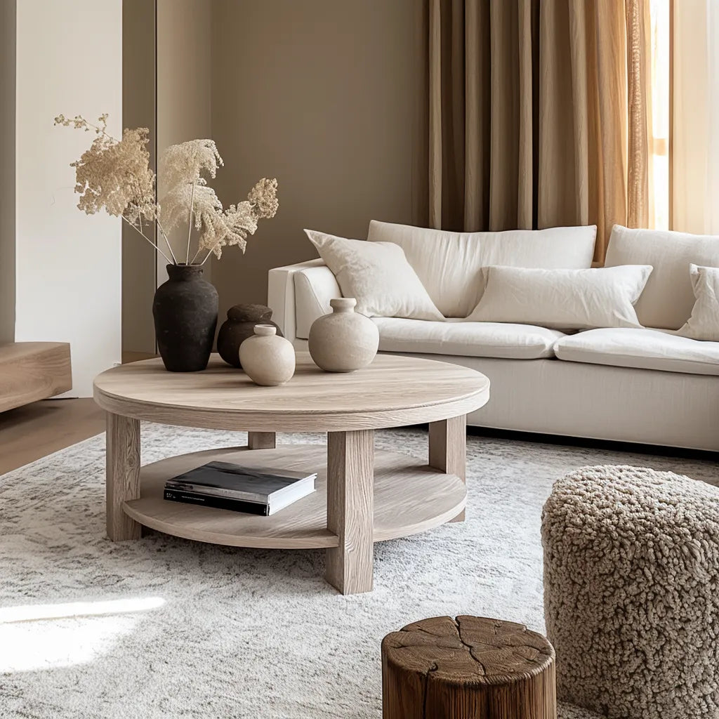 Round Wooden Coffee Table with natural finish and lower shelf design.