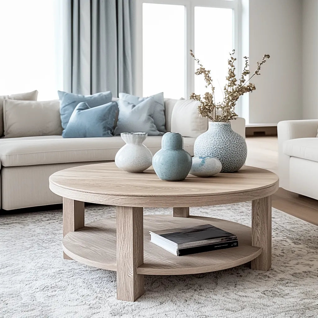Round Wooden Coffee Table with natural finish and lower shelf design.