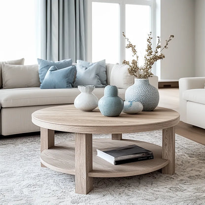 Round Wooden Coffee Table with natural finish and lower shelf design.