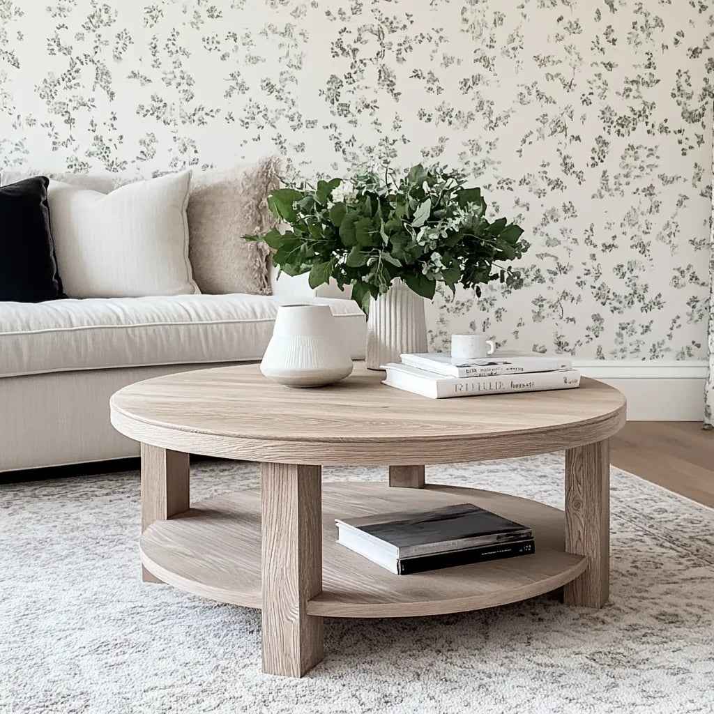 Round Wooden Coffee Table with natural finish and lower shelf design.