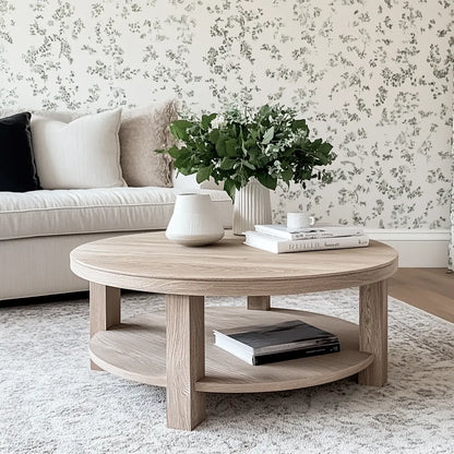 Round Wooden Coffee Table with natural finish and lower shelf design.