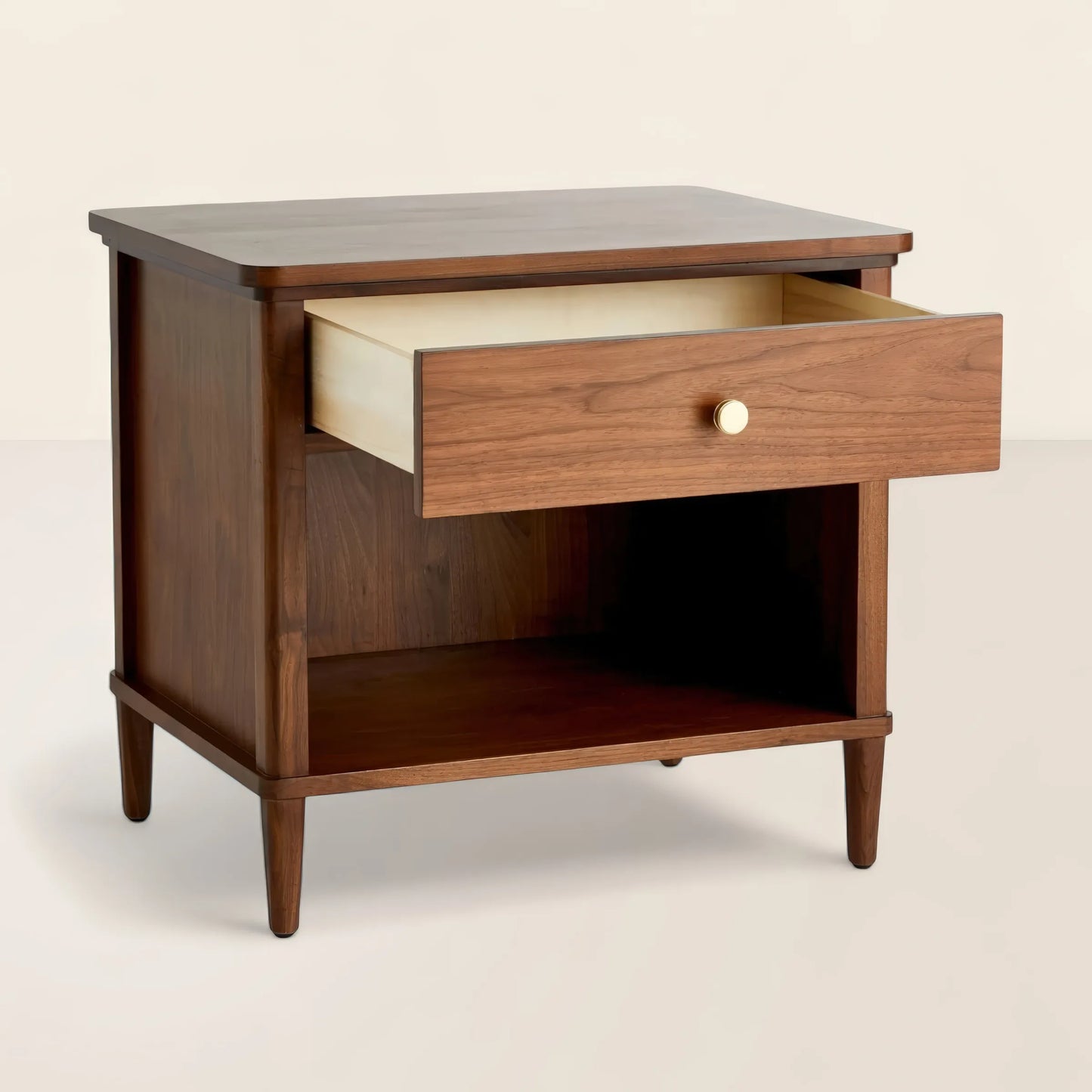 Mid Century Nightstand Open Shelf and Drawer
