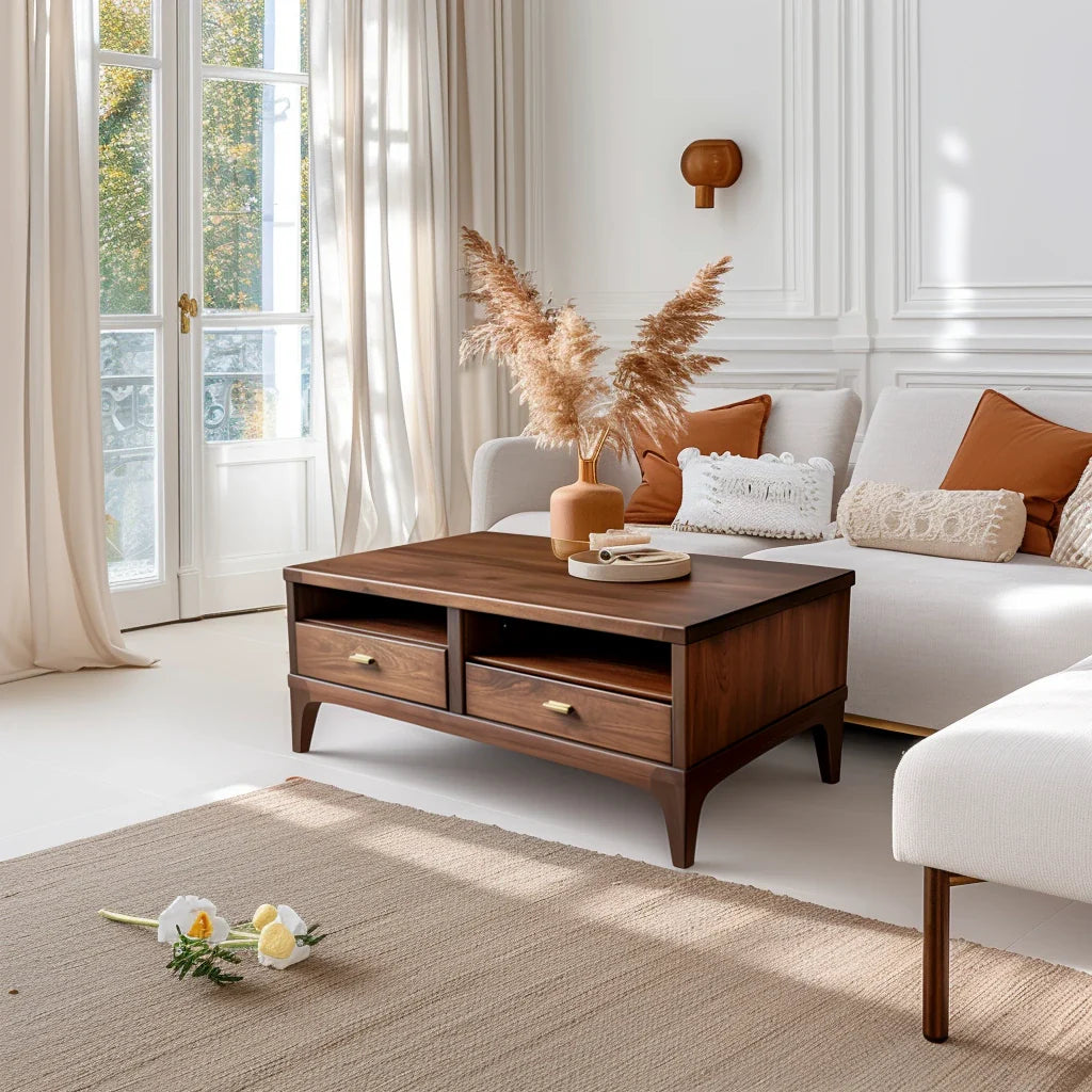 Elegant Wooden Coffee Table Storage Drawers Contemporary Design